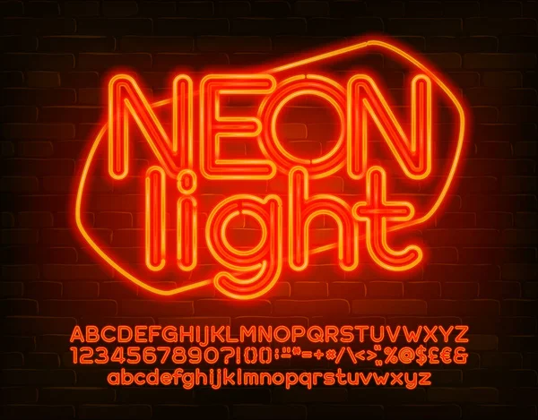 Fonte Alphabet Néon Light Lettres Néon Orange Chiffres Ponctuation Majuscules — Image vectorielle