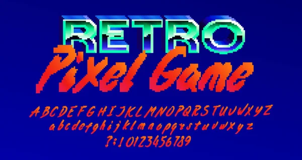 Retro Pixel Game Alfabeto Fuente Letras Guion Píxeles Números Puntuaciones — Vector de stock