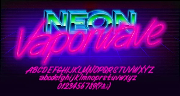 Neon Vaporwave Alphabet Font Glowing Neon Letters Numbers Punctuations Uppercase — Vector de stock