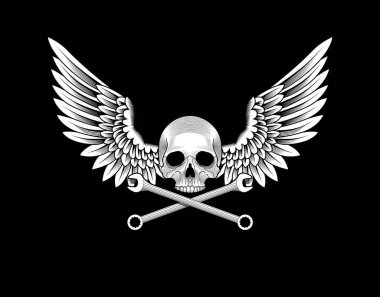 Kanatlı ve çapraz anahtarlı bir kafatası. Otomobil tamirhanesi amblem şablonu. Siyah üstüne beyaz. Stok vektör illüstrasyonu.