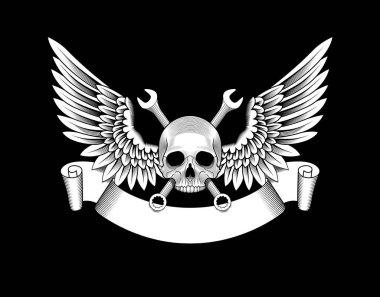 Kanatlı, anahtarlı ve kurdeleli bir kafatası. Otomobil tamirhanesi amblemi. Stok vektör illüstrasyonu.