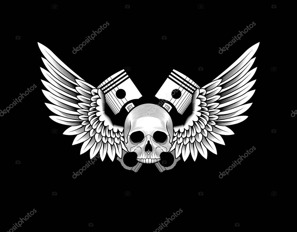 Skull with wings and pistons. Auto repair shop or motorbike bike club emblem. White on black. Stock vector illustration.