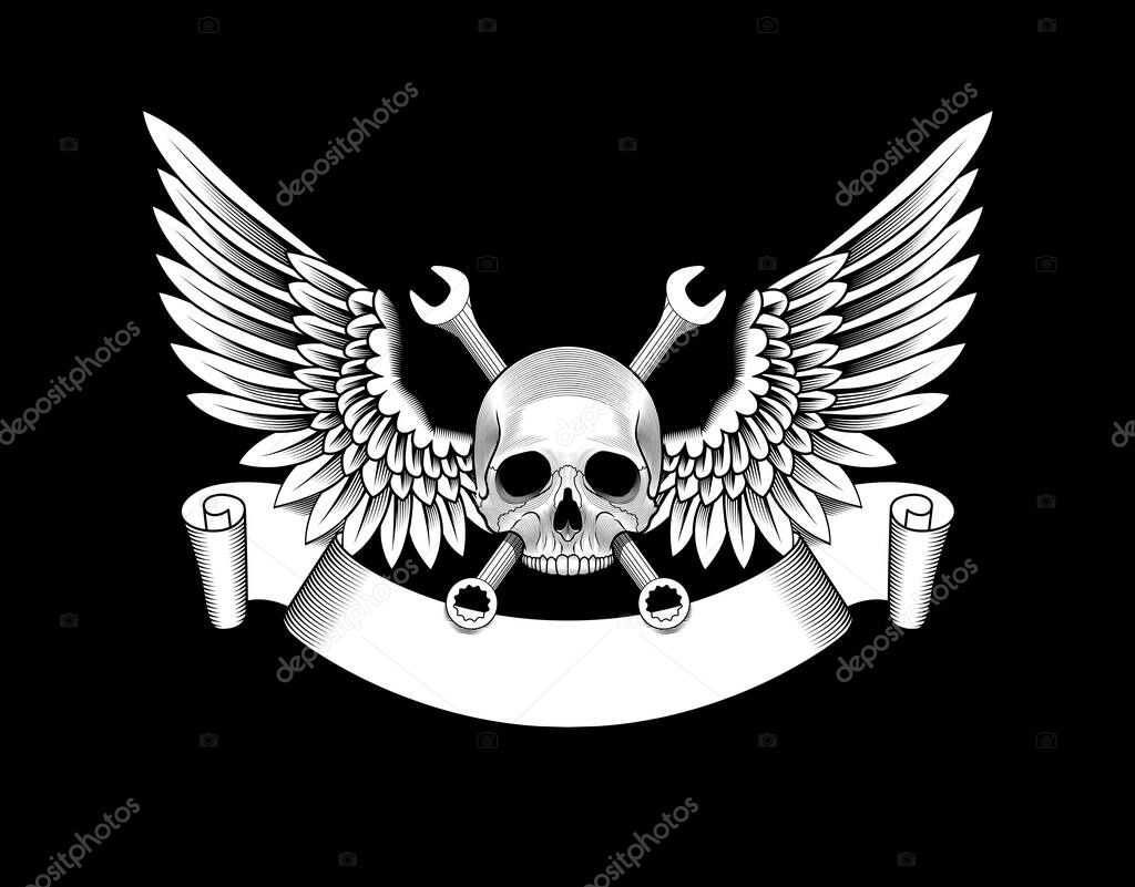 Skull with wings, wrenches and ribbon. Auto repair shop emblem. Stock vector illustration.