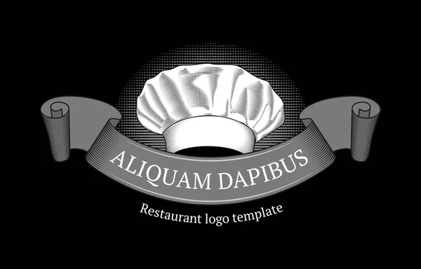 Kapelusz Wstążką Wzór Logo Restauracji Lub Kawiarni Biały Czarno Ilustracja — Wektor stockowy