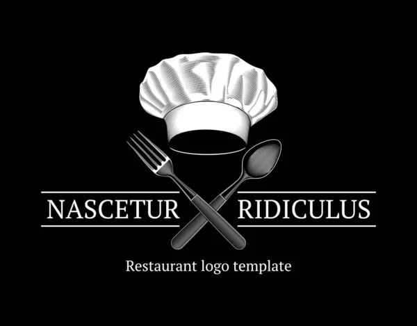 Kapelusz Szefa Widelcem Łyżką Szablon Logo Restauracji Biały Czarno Ilustracja — Wektor stockowy