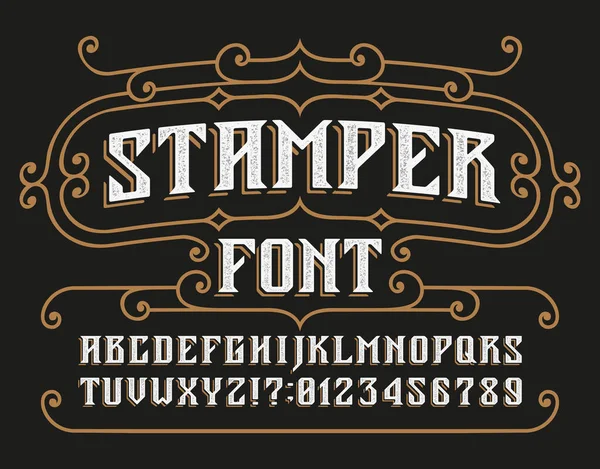 Stamper alphabet font. Vintage messy letters, numbers and symbols for label, badge or emblem design. Stock vector typescript for your typography design.