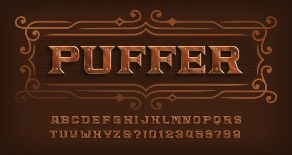 Fonte Puffer Alphabet Steam Punk Rivet Lettres Chiffres Dactylographie Vectorielle — Image vectorielle