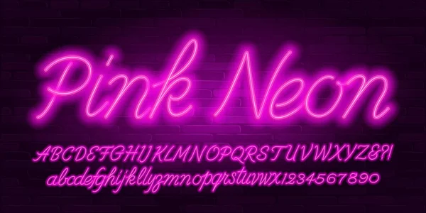 Pink Neon Alphabet Fuente Letras Números Símbolos Escritos Mano Mayúsculas — Archivo Imágenes Vectoriales