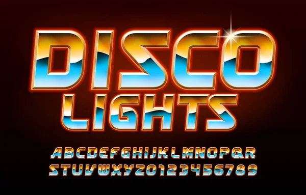Disco Lights Alphabet Font Glowing Letters Numbers 80S Style Stock — Stock Vector