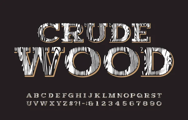 Crude Wood Alphabet Font Vintage Messy Letters Numbers Label Badge — Stockový vektor