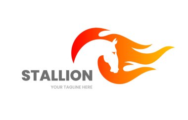 Stallion logo şablonu. Ateş alevi olan soyut at silueti. Stok vektör illüstrasyonu.