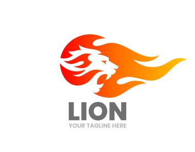 Aslan logosu şablonu. Ateş alevli soyut aslan silueti. Kükreyen hayvan kafası. Stok vektör illüstrasyonu.