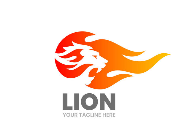 Lion logo template. Abstract lion silhouette with fire flame. Roaring animal head. Stock vector illustration.