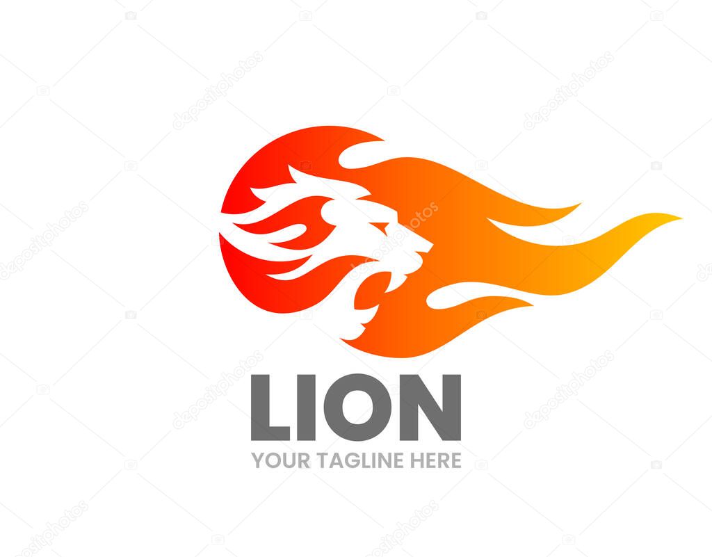 Lion logo template. Abstract lion silhouette with fire flame. Roaring animal head. Stock vector illustration.