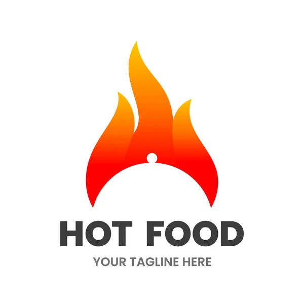 ホットフードロゴデザインテンプレート 銀の皿で熱い炎 ストックベクトルイラスト — ストックベクタ