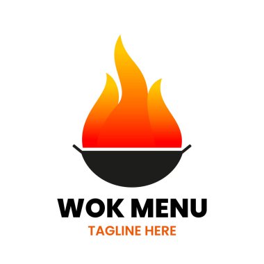 Wok Menüsü logo tasarım şablonu. Soyut tava tepsisi ve ateş. Stok vektör illüstrasyonu.