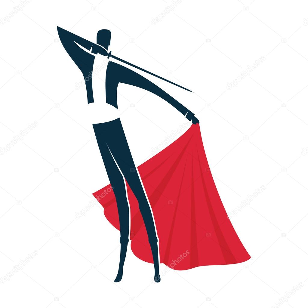 Matador with a red cape and sword isolated on white background