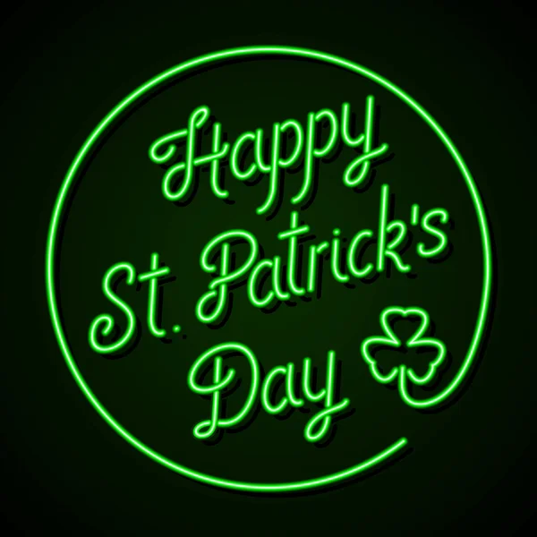 Parlak neon tabela - mutlu St. Patrick's günü shamrock ile yazı — Stok Vektör