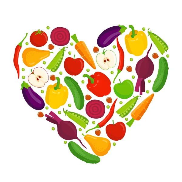 Corazón hecho de frutas y verduras — Vector de stock