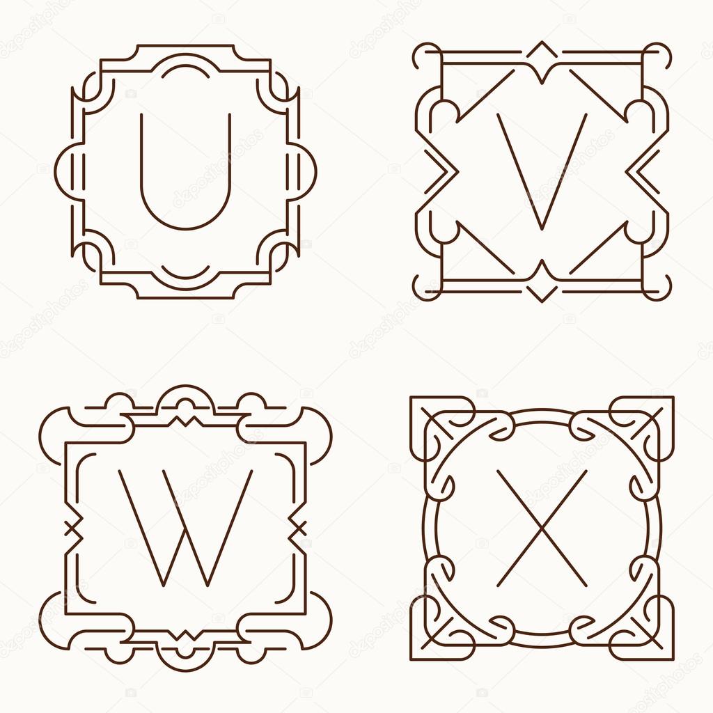 Vector mono line monograms. U, V, W, X.