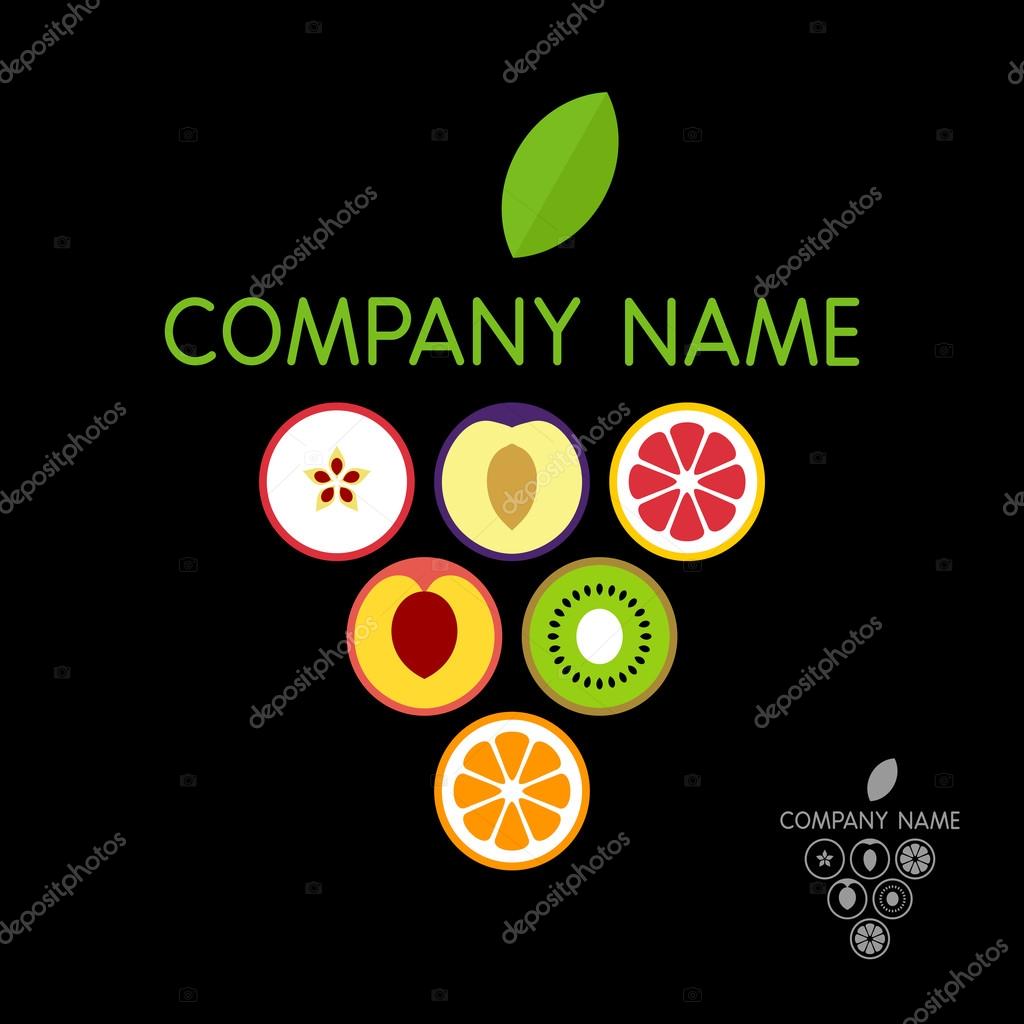 Different fruits combined in vector sign. Vector logo template. Monochrome version included.