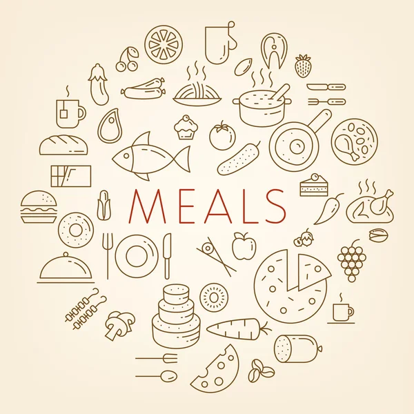 Overzicht voedsel pictogrammen - maaltijden concept vectorillustratie. — Stockvector