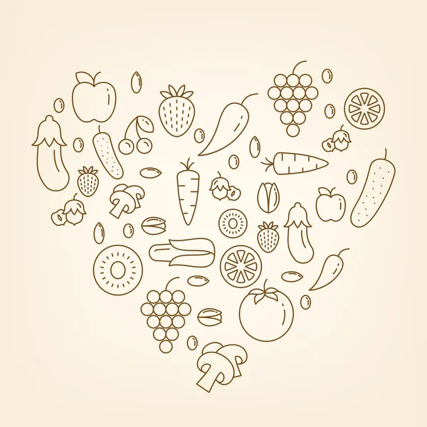 Corazón hecho de frutas y verduras - Stock Vector — Vector de stock