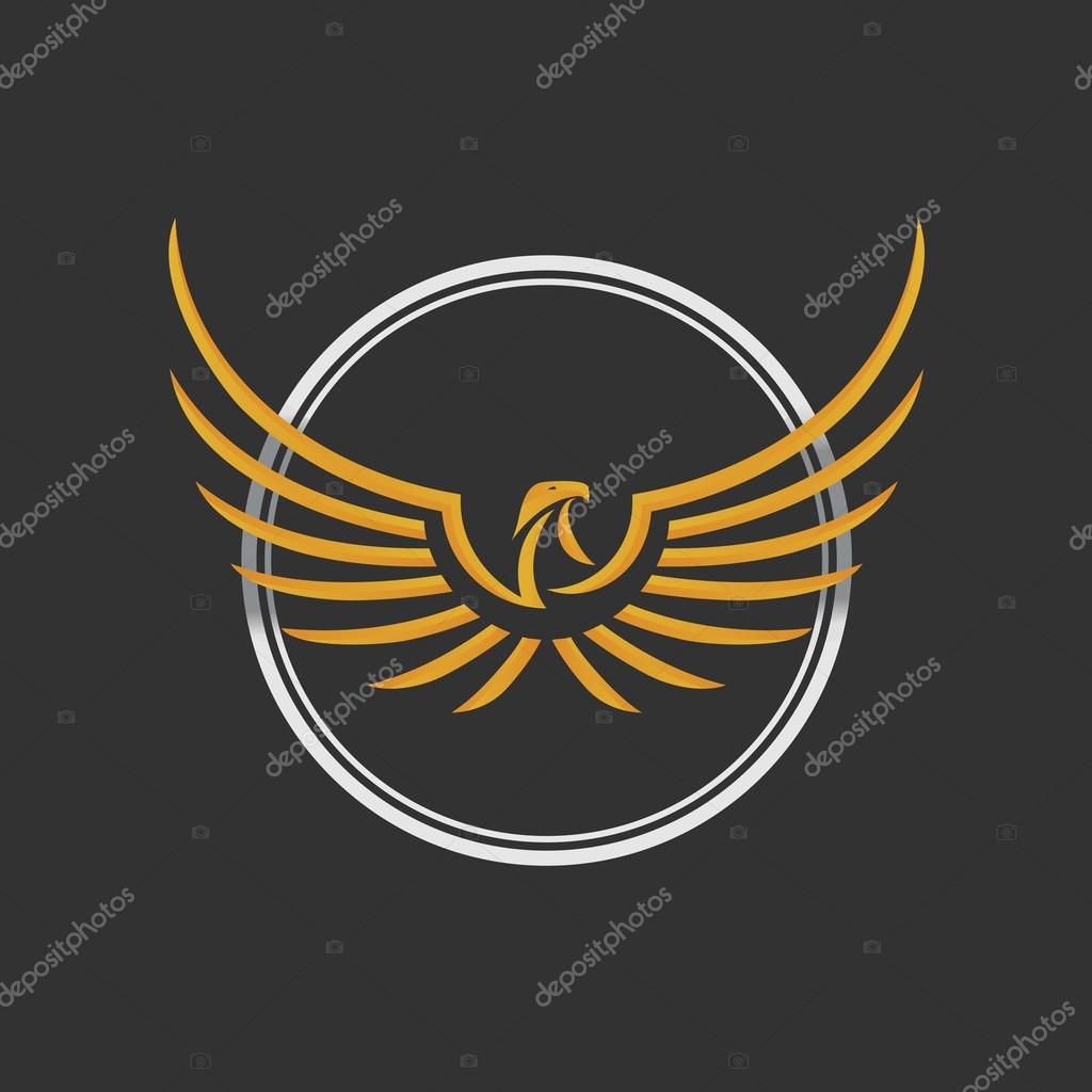 Eagle Logo Icon Design. Stylized eagle spreads its wings. Golden and silver color on the dark background.