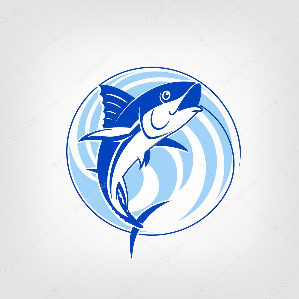 Vector fishing logo. Catching tuna on the hook. Round blue background.