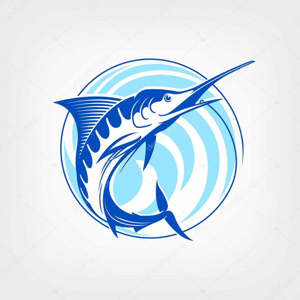 Vector fishing logo. Catching marlin on the hook. Round blue background.