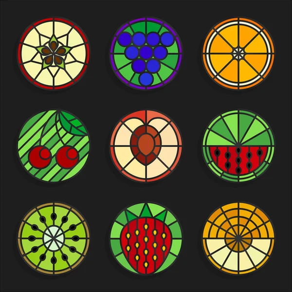 Set of stained glass fruits icons - Stock vector illustration. — Stock Vector