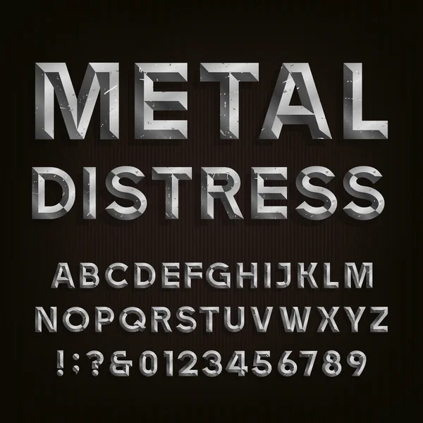 Metall avfasade nödställda teckensnitt. Vector alfabetet. — Stock vektor