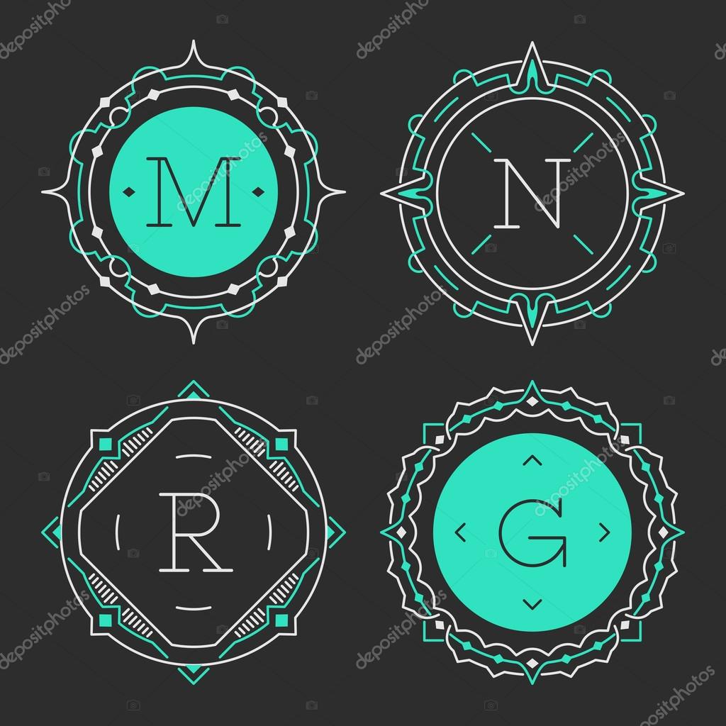 The set of monogram emblem templates. Elegant frames ornament logo design in line style with letters and other design elements. Round shaped.