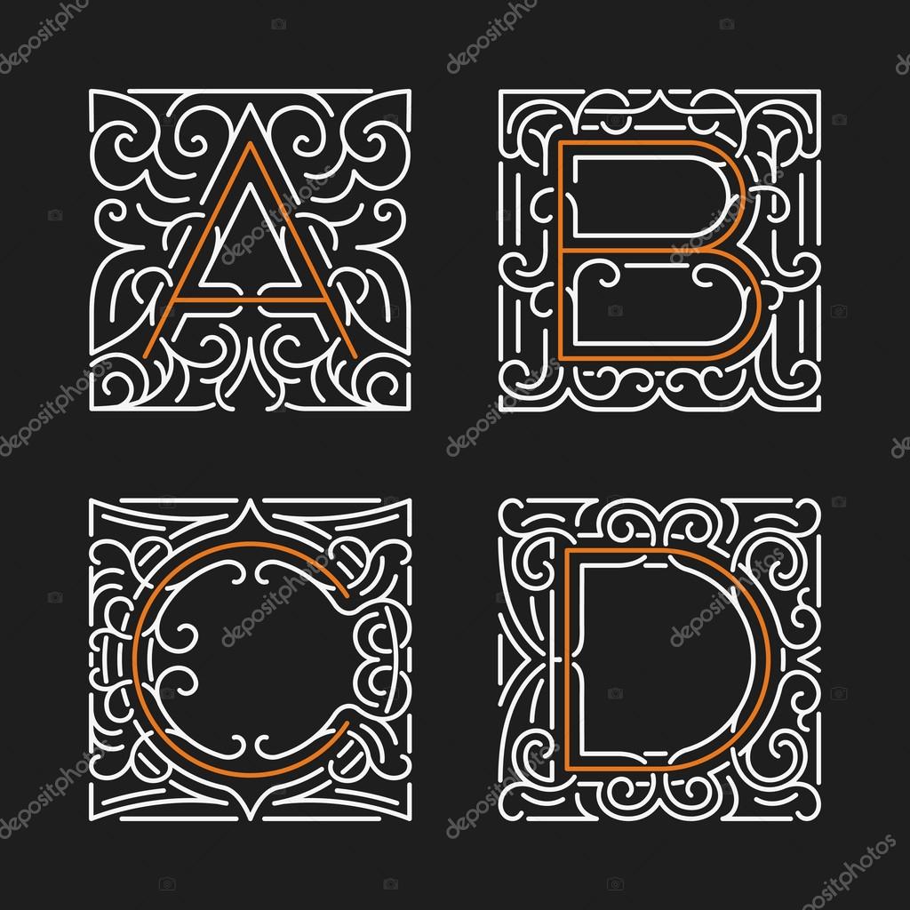 The set of monogram emblem templates. Elegant frames ornament logo design in line style with letters A, B, C, D.
