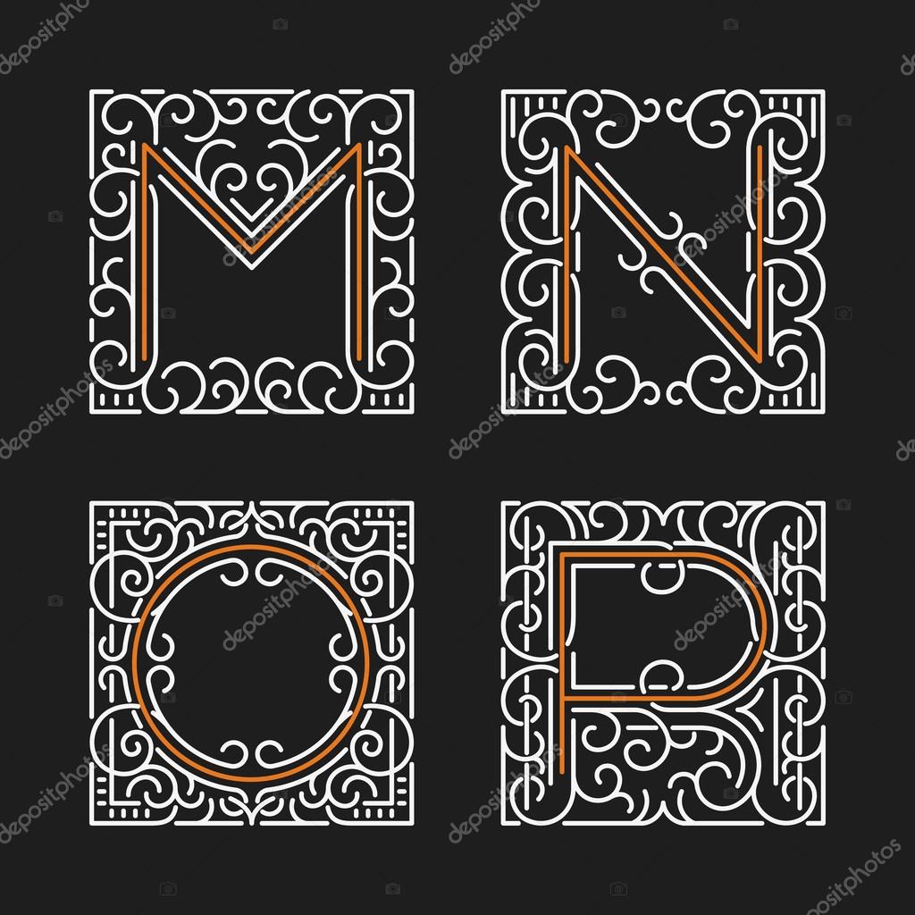 The set of monogram emblem templates. Elegant frames ornament logo design in line style with letters M, N, O, P.