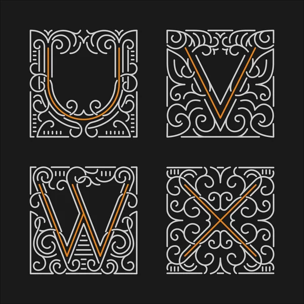 Uppsättningen elegant monogram emblem mallar. Bokstäverna U, V, W, X. vektor illustration. — Stock vektor