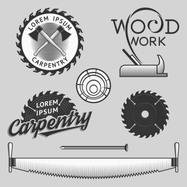 Vintage set of carpentry logos, labels and design elements. Stock vector.