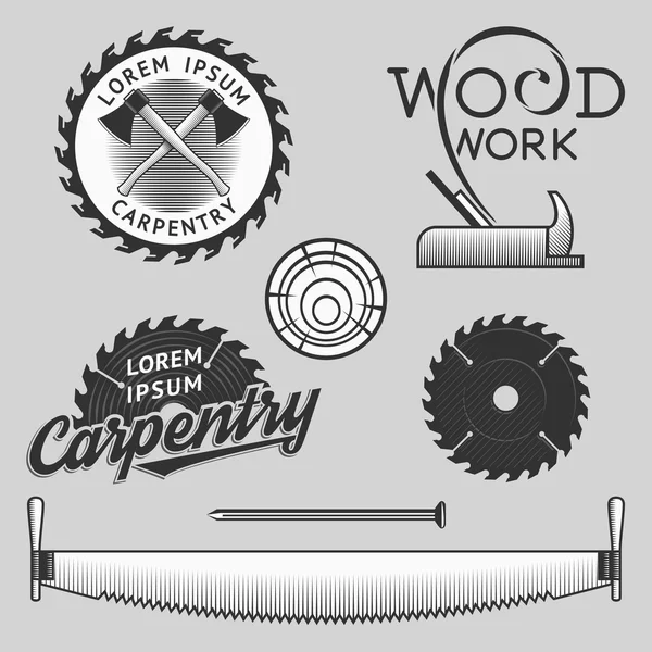 Vintage set of carpentry logos, labels and design elements. Stock vector. — Stock Vector