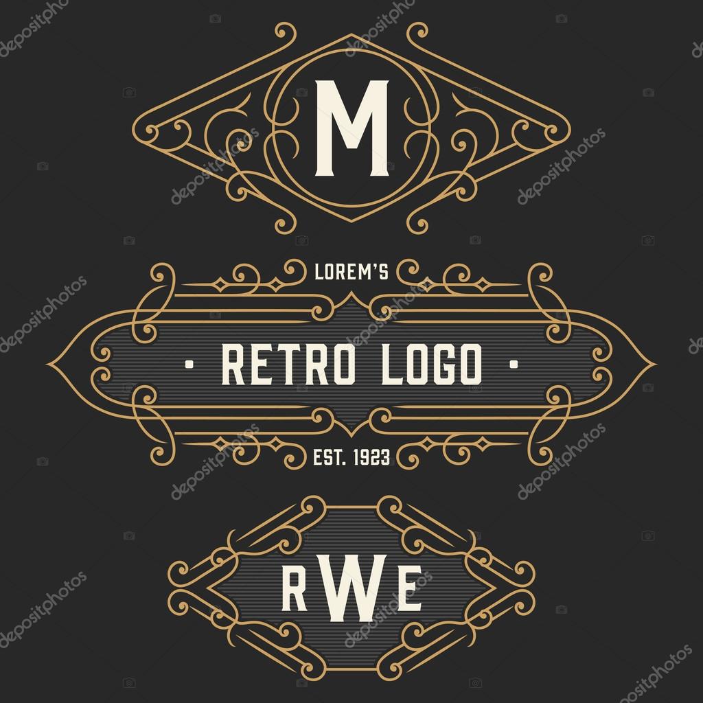 The set of stylish retro monogram emblem and logo templates. Elegant vintage frames ornament logo design.