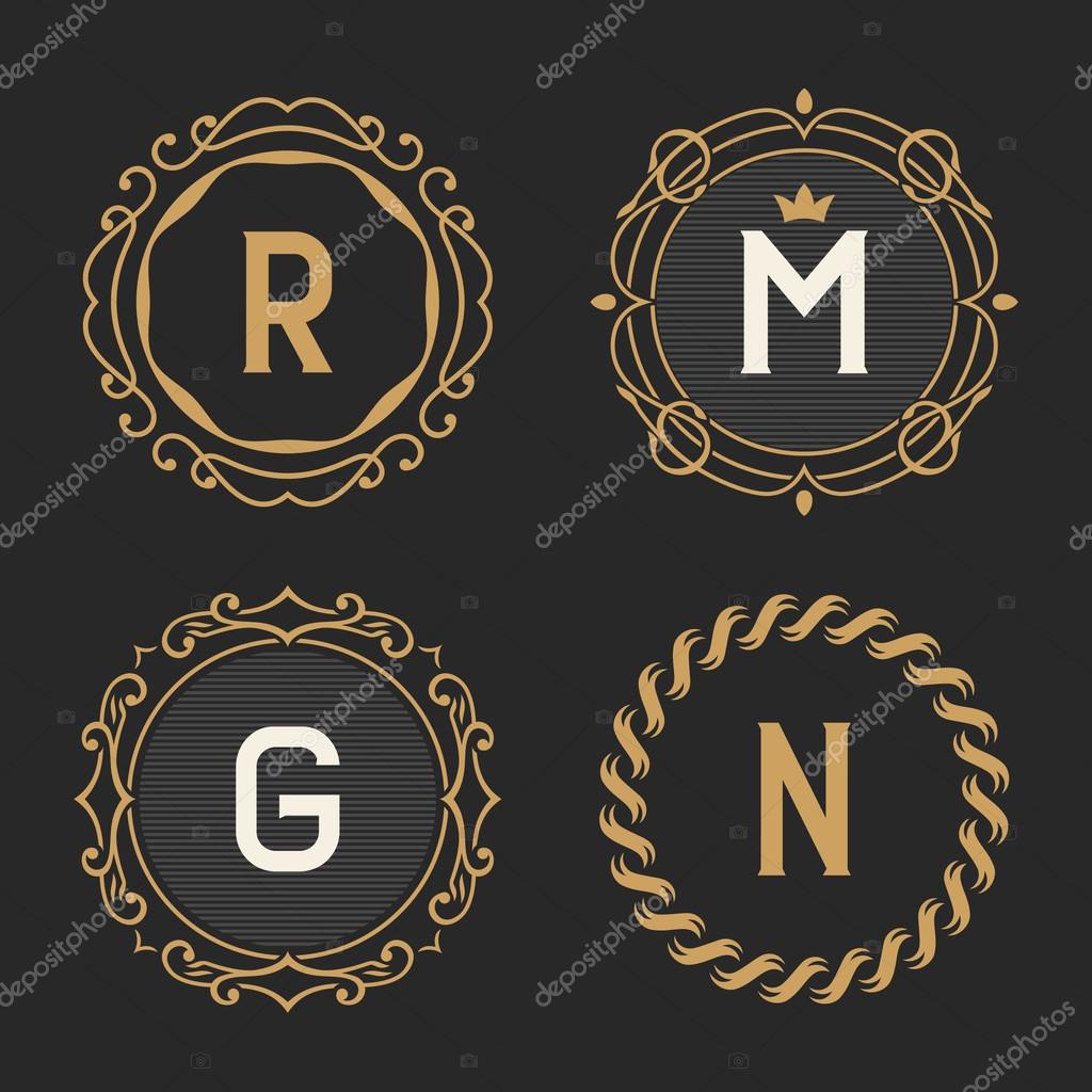 The set of graceful vintage monogram emblem and logo templates. Stylish retro business sign, identity, label for hotel, cafe, boutique, jewelry. Stock vector.