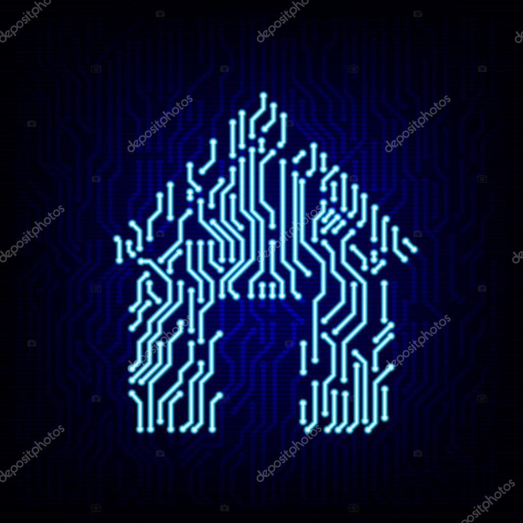 Smart home concept. Circuit board house logo icon on the digital high tech style vector background.