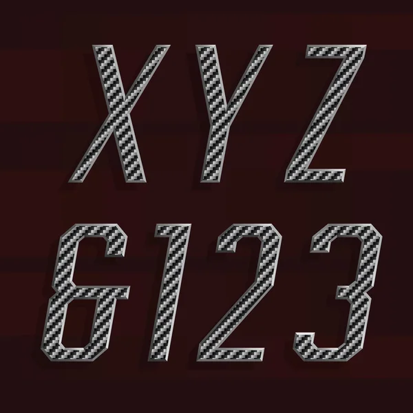 Fibra de carbono Alphabet Vector Font. Parte 5 de 6. Cartas X, Y, Z e números 1, 2, 3 . — Vetor de Stock