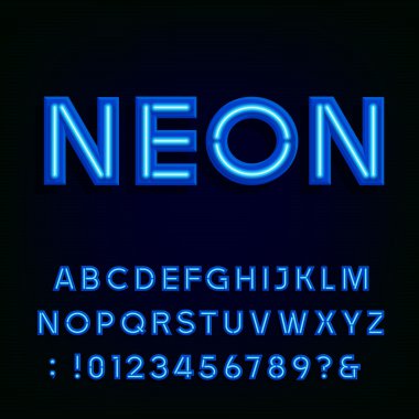 Mavi neon ışık alfabe yazı tipi.