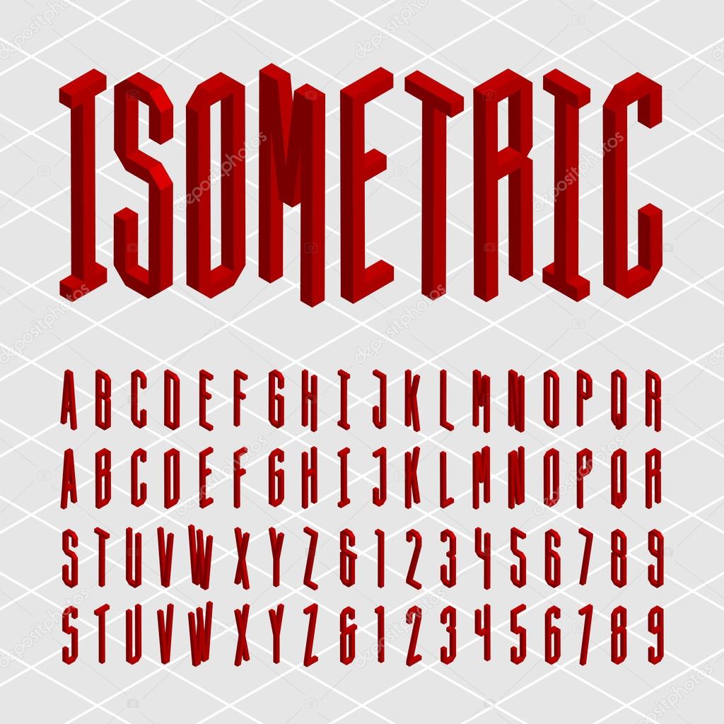 3D isometric alphabet vector font. Isometric letters and numbers. Decorative vector typeset.