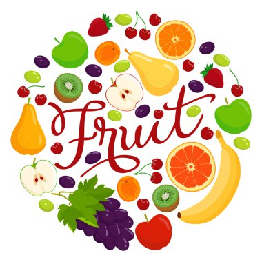 Çeşitli meyve yazı ile vektör