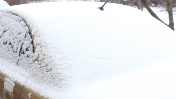 Mulher em uma jaqueta vermelha para limpar a neve da janela do carro . — Vídeo de Stock