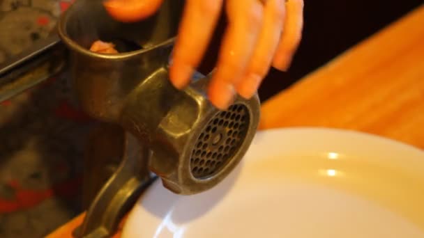 Girl making minced meat in a meat grinder, close up — Stock Video