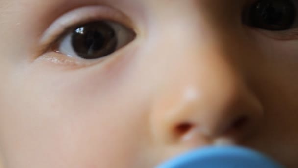 Portrait of baby with blue pacifier — Stock Video