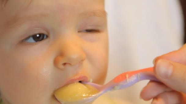 Μωρό δημητριακών που τροφοδοτούνται από ένα κουτάλι — Αρχείο Βίντεο
