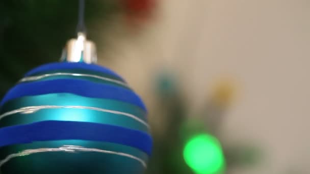 A bola azul está balançando em uma árvore de Natal . — Vídeo de Stock